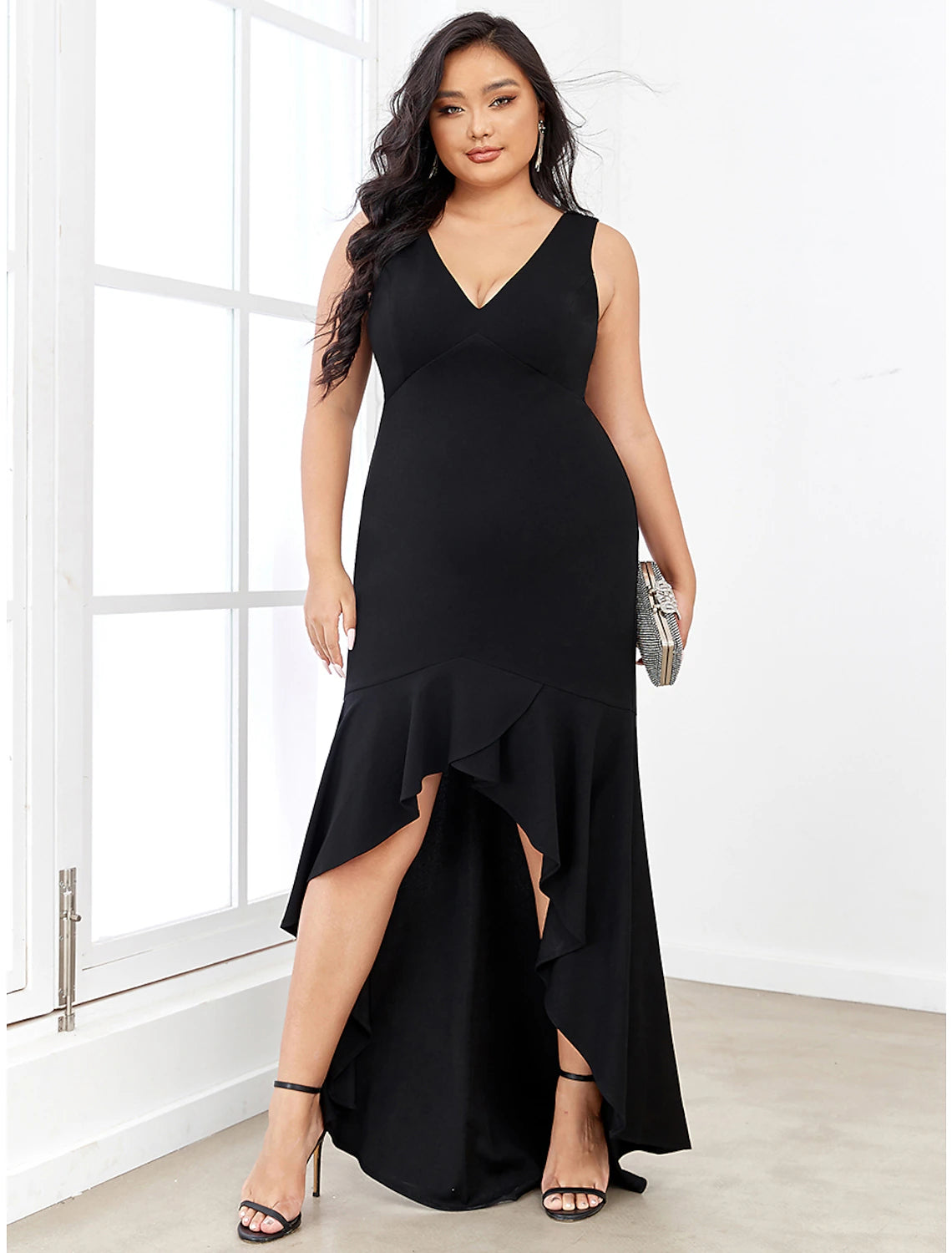 Meerjungfrau/Trompete Abendkleid Sexy Kleid Formeller Hochzeitsgast Asymmetrisch Ärmellos V-Ausschnitt Nylon V-Rücken mit Rüschen Drapierung